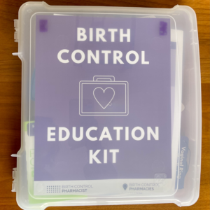 Image of the birth control education kit closed. It's a plastic case that is approximately 12" x 13" x 1.5" and latches closed.