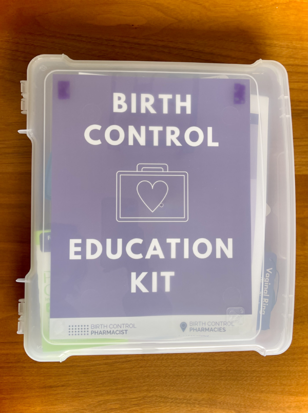 Image of the birth control education kit closed. It's a plastic case that is approximately 12" x 13" x 1.5" and latches closed.